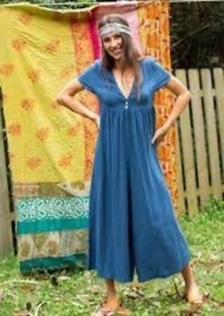 Natural Life Avery Wide Leg Jumpsuit Blue Linen Blend S Small EUC Boho
